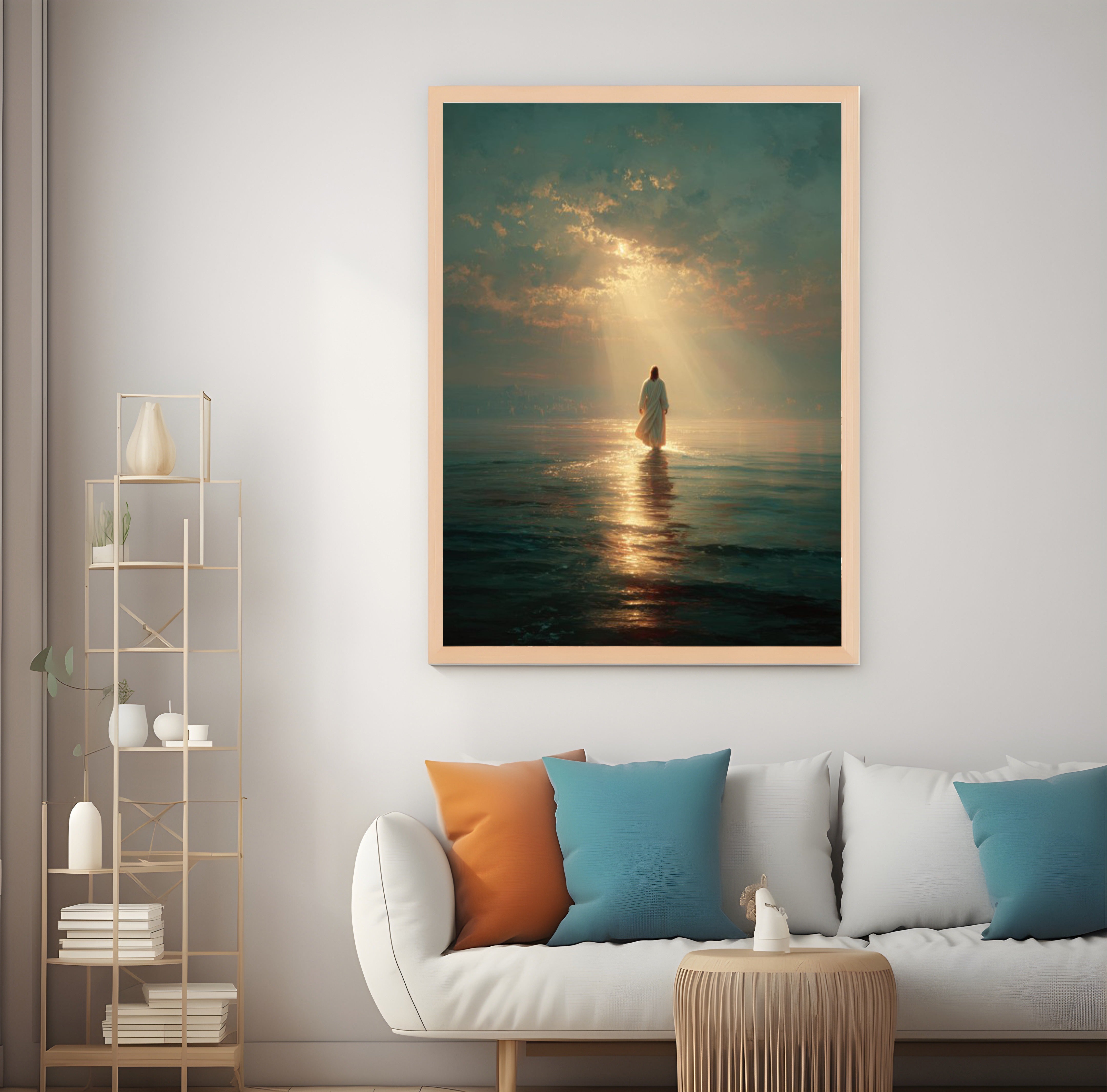Jesus Christ Walking on Water, Christian Art, Digital Jesus Portrait, I Will Walk With Christ LDS, Jesus Oil Painting, Bible Verse Wall Art